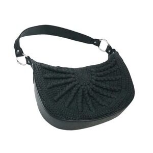 Vintage St John Black Crochet Knit Leather Shoulder Bag Hobo‎ Crescent Shape